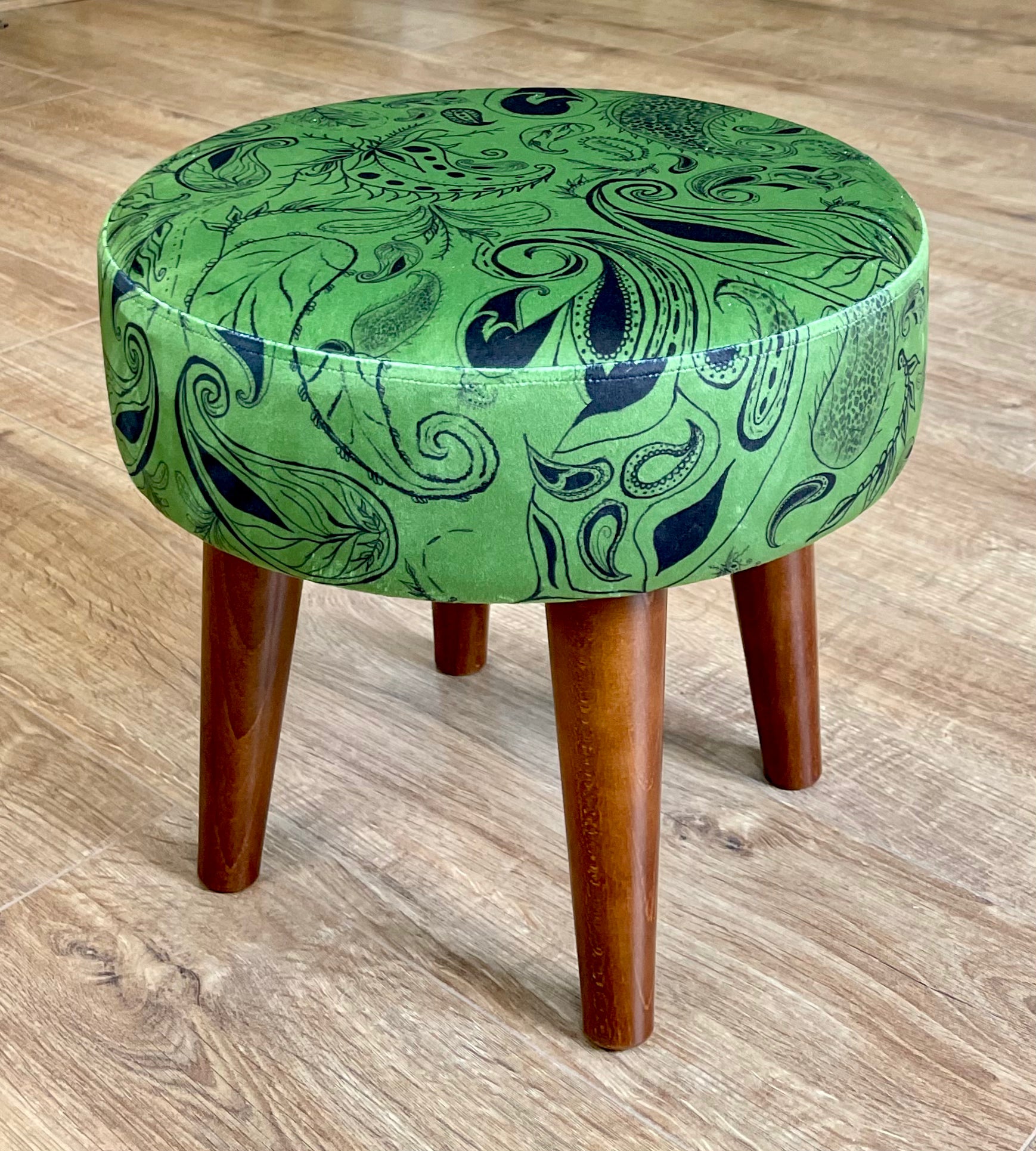 Moss Green Paisley Print Velvet Small Footstool with Dark Wooden Legs