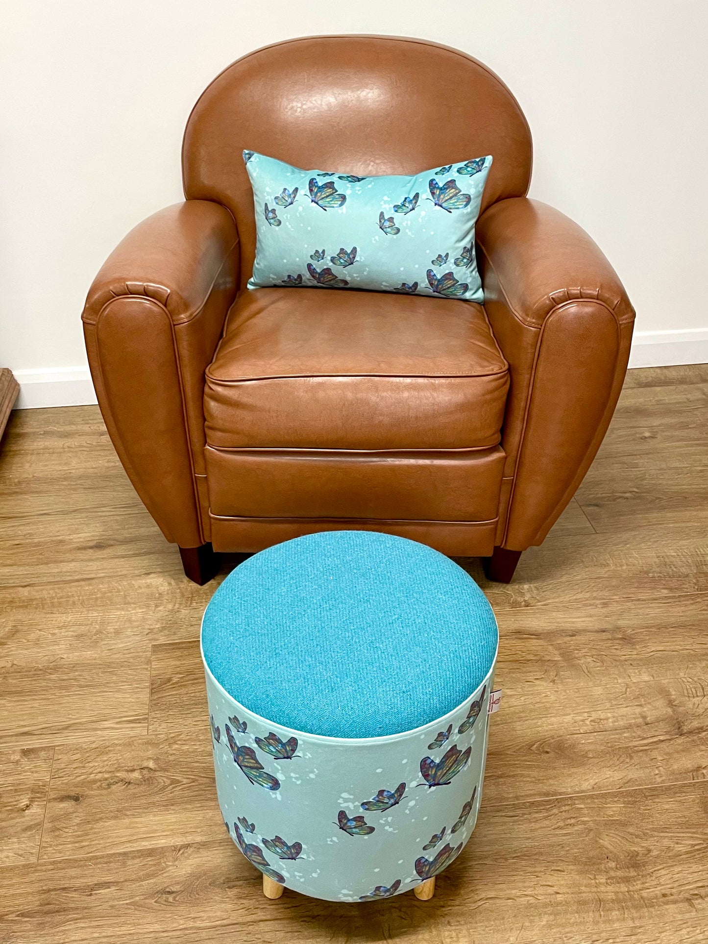 Butterflies in Rain Velvet Footstool with Turquoise Harris Tweed