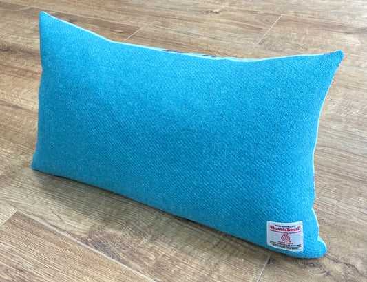 Butterfly in Rain Velvet and Turquoise Harris Tweed Oblong Cushion