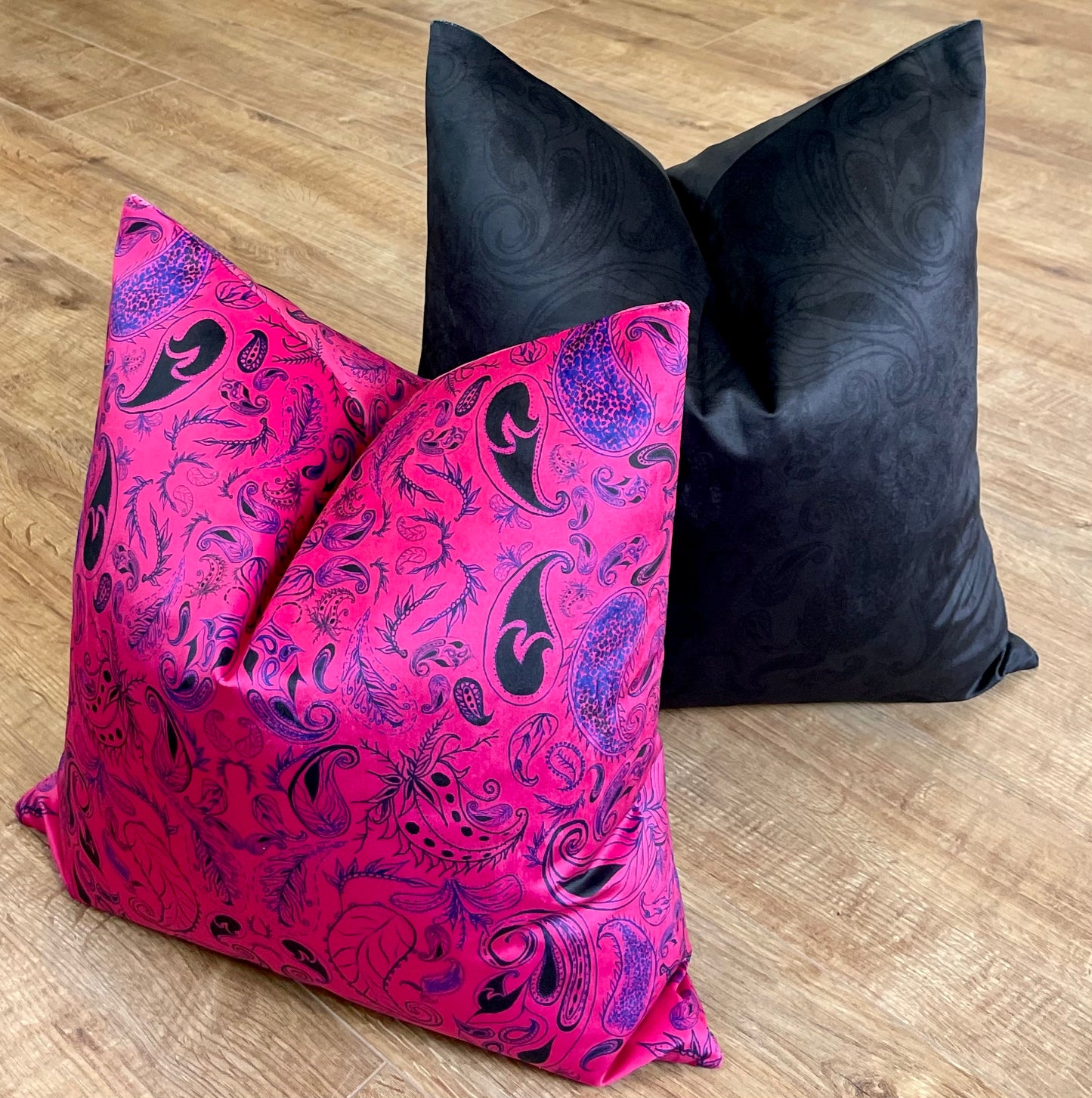Neon Pink Paisley Print Velvet Cushion 18”