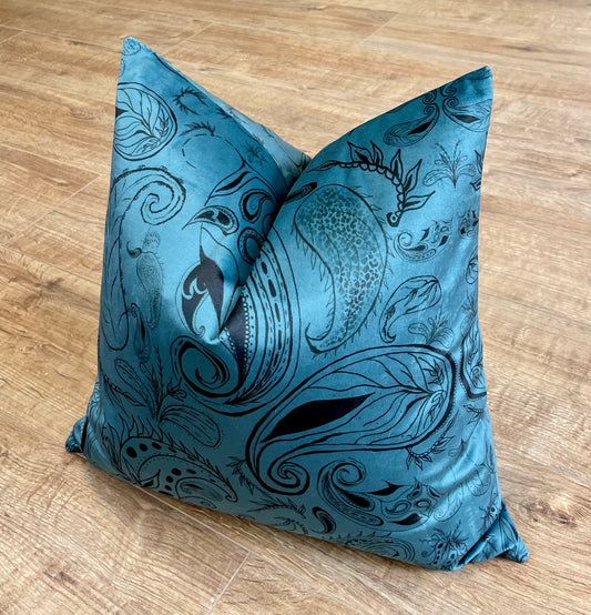 Blue Paisley Print Velvet Cushion 18”