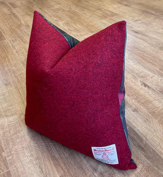 Butterfly Thistles on Black Velvet and Red Harris Tweed Cushion 18”