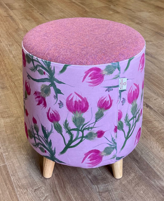Butterfly Thistles on Pink Velvet Footstool with Harris Tweed