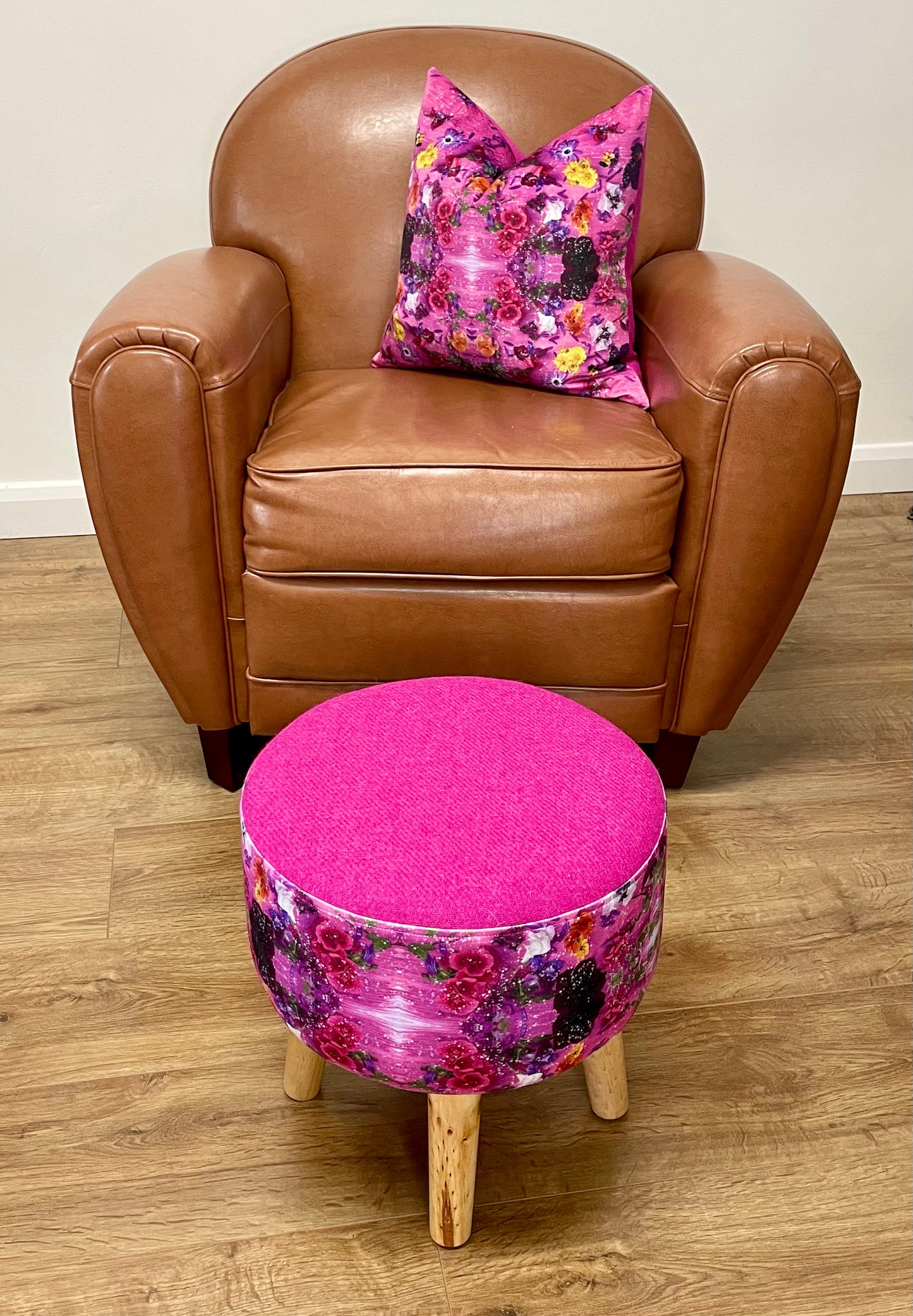 Pink Floral Velvet and Harris Tweed Cushion 18”