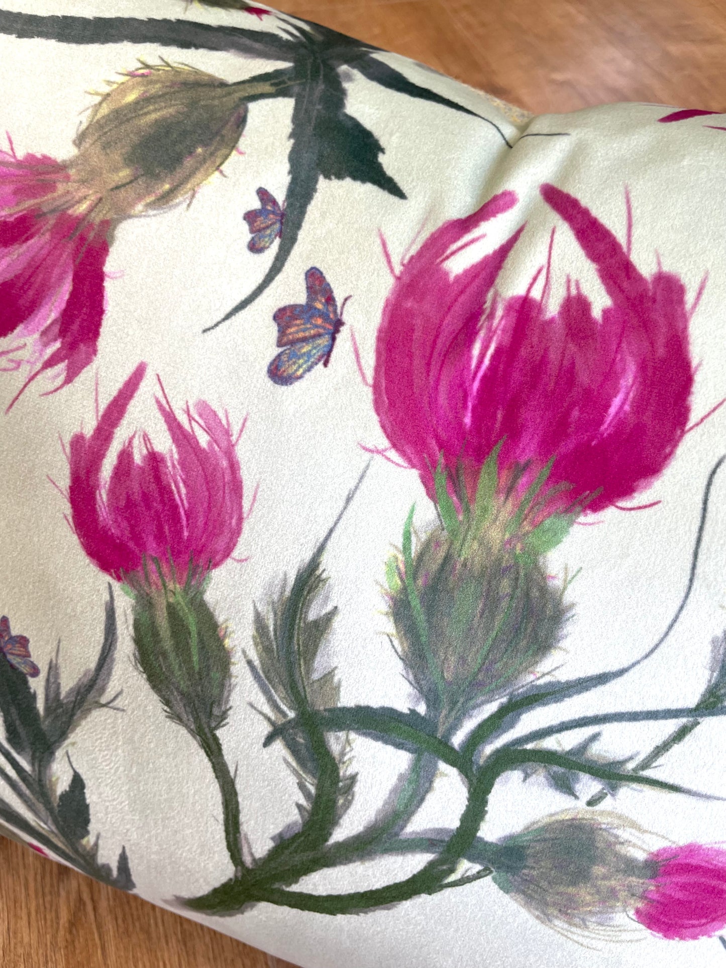 Butterfly Thistles on Duck Egg Velvet and Harris Tweed Rectangle Cushion