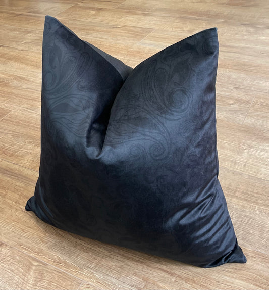 Black Paisley Print Velvet Cushion 20”