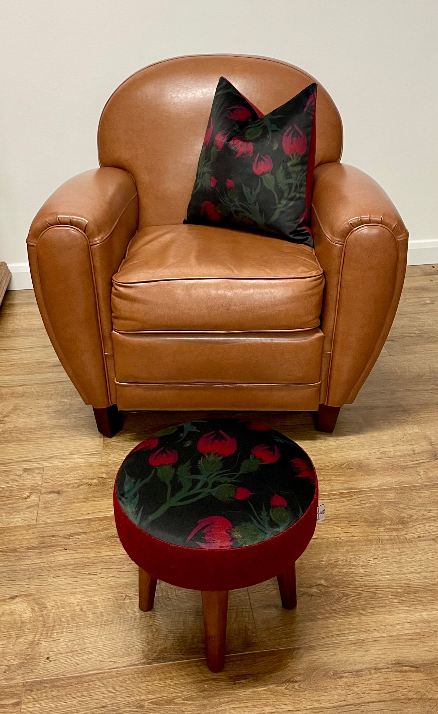 Butterfly Thistles on Black Velvet and Red Harris Tweed Cushion 18”