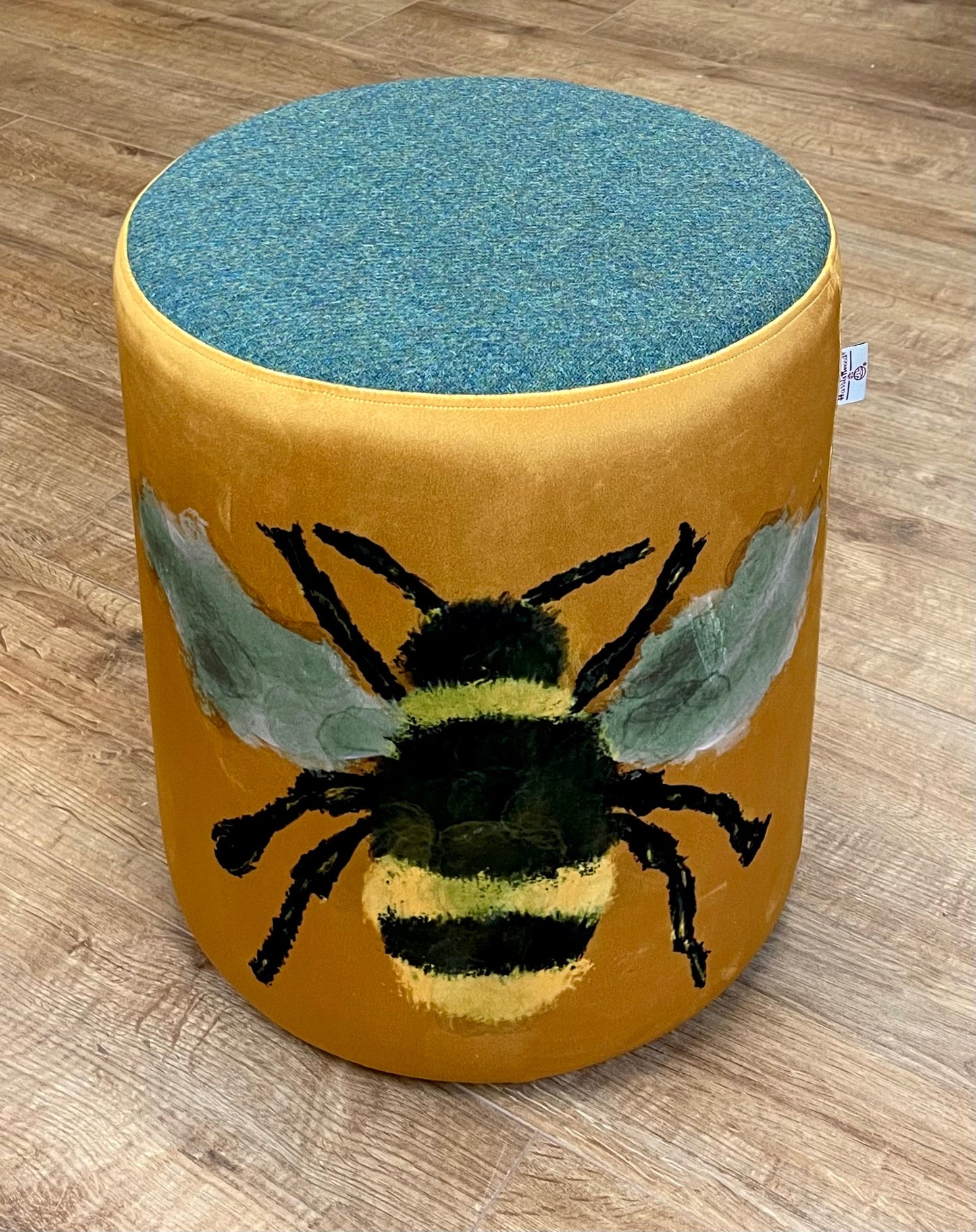 Bumble Bee Velvet and Green Harris Tweed Large Chunky Stool