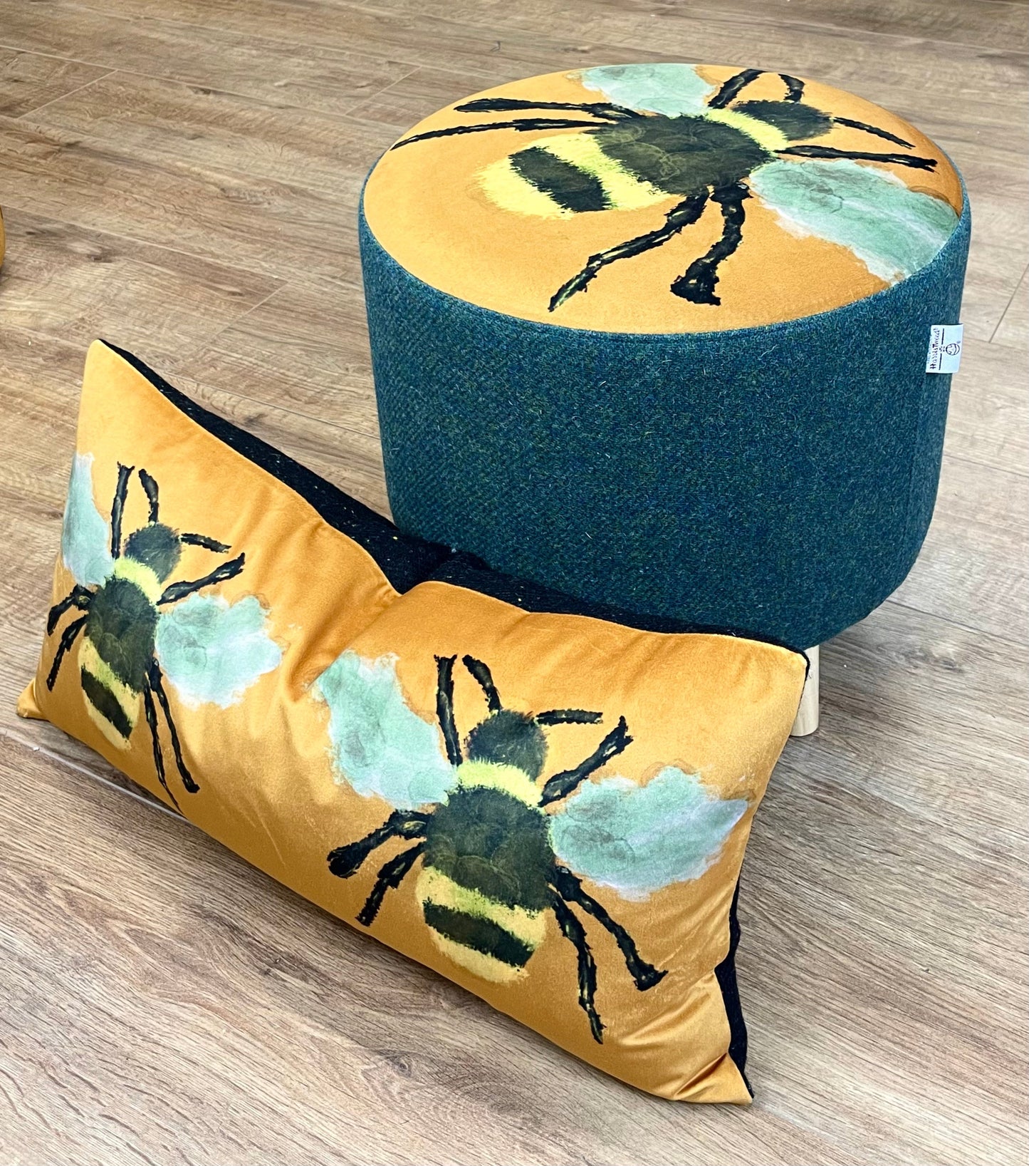 Bumble Bee Velvet Footstool with Green Harris Tweed with Dark Wooden Mini Feet