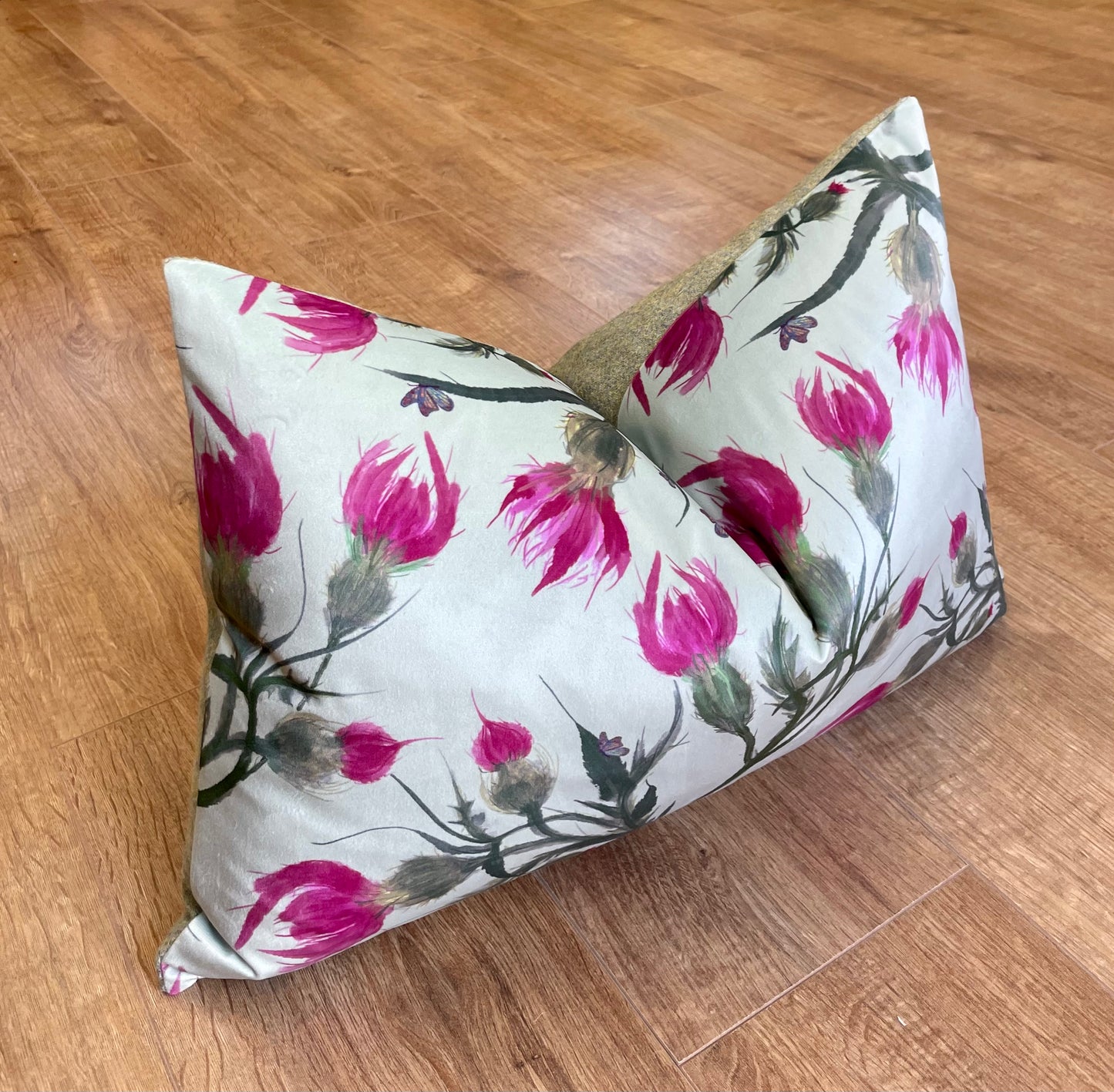 Butterfly Thistles on Duck Egg Velvet and Harris Tweed Rectangle Cushion