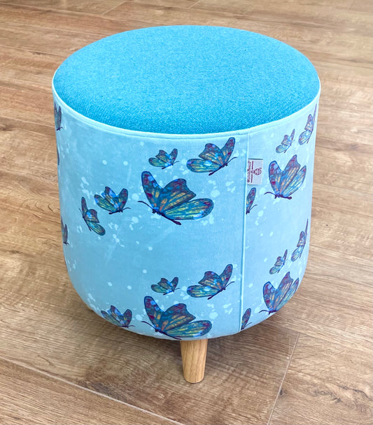 Butterflies in Rain Velvet Footstool with Turquoise Harris Tweed