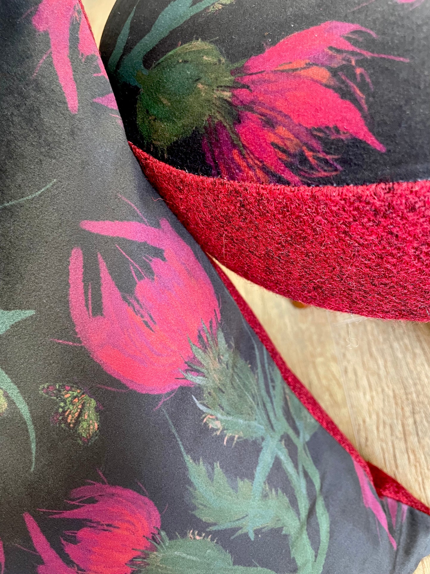 Butterfly Thistles on Black Velvet and Red Harris Tweed Cushion 18”