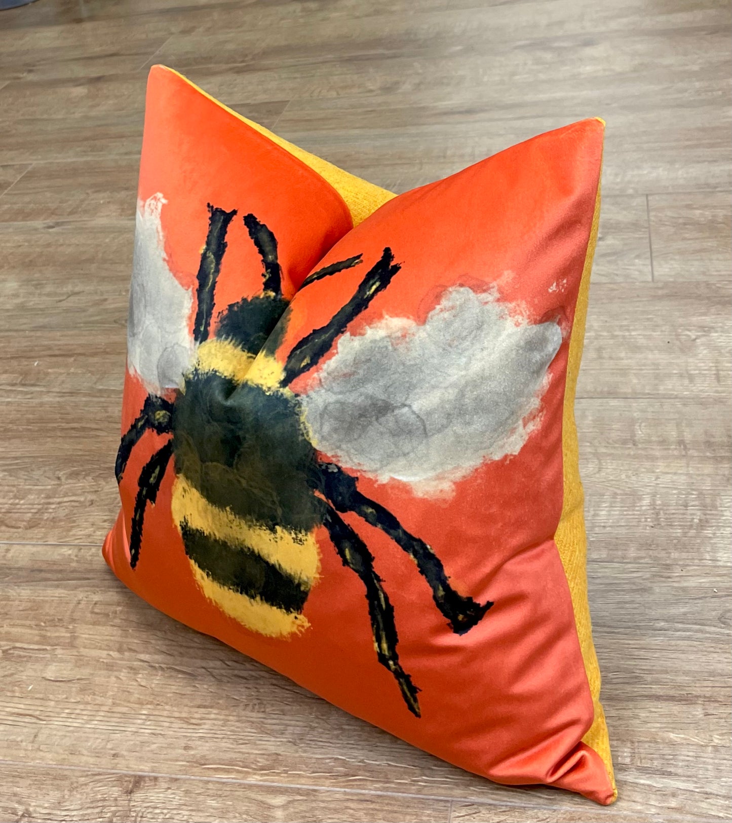 Bumble Bee Velvet and Yellow Harris Tweed Cushion 18”