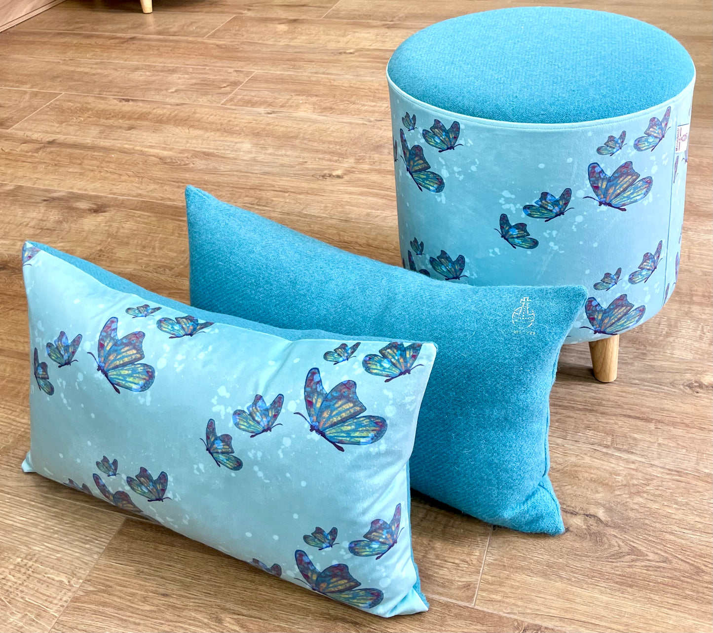 Butterfly in Rain Velvet and Turquoise Harris Tweed Oblong Cushion