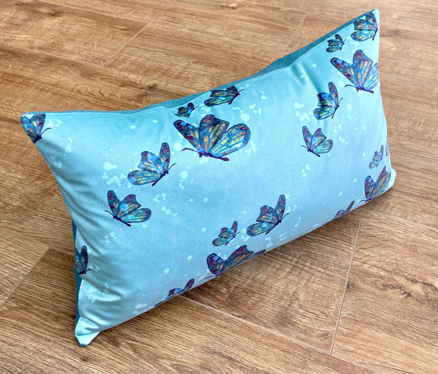 Butterfly in Rain Velvet and Turquoise Harris Tweed Oblong Cushion