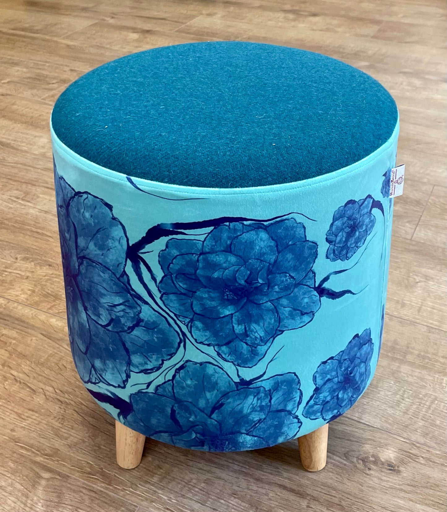 Blue Camellia on Turquoise Velvet Footstool with Teal Harris Tweed