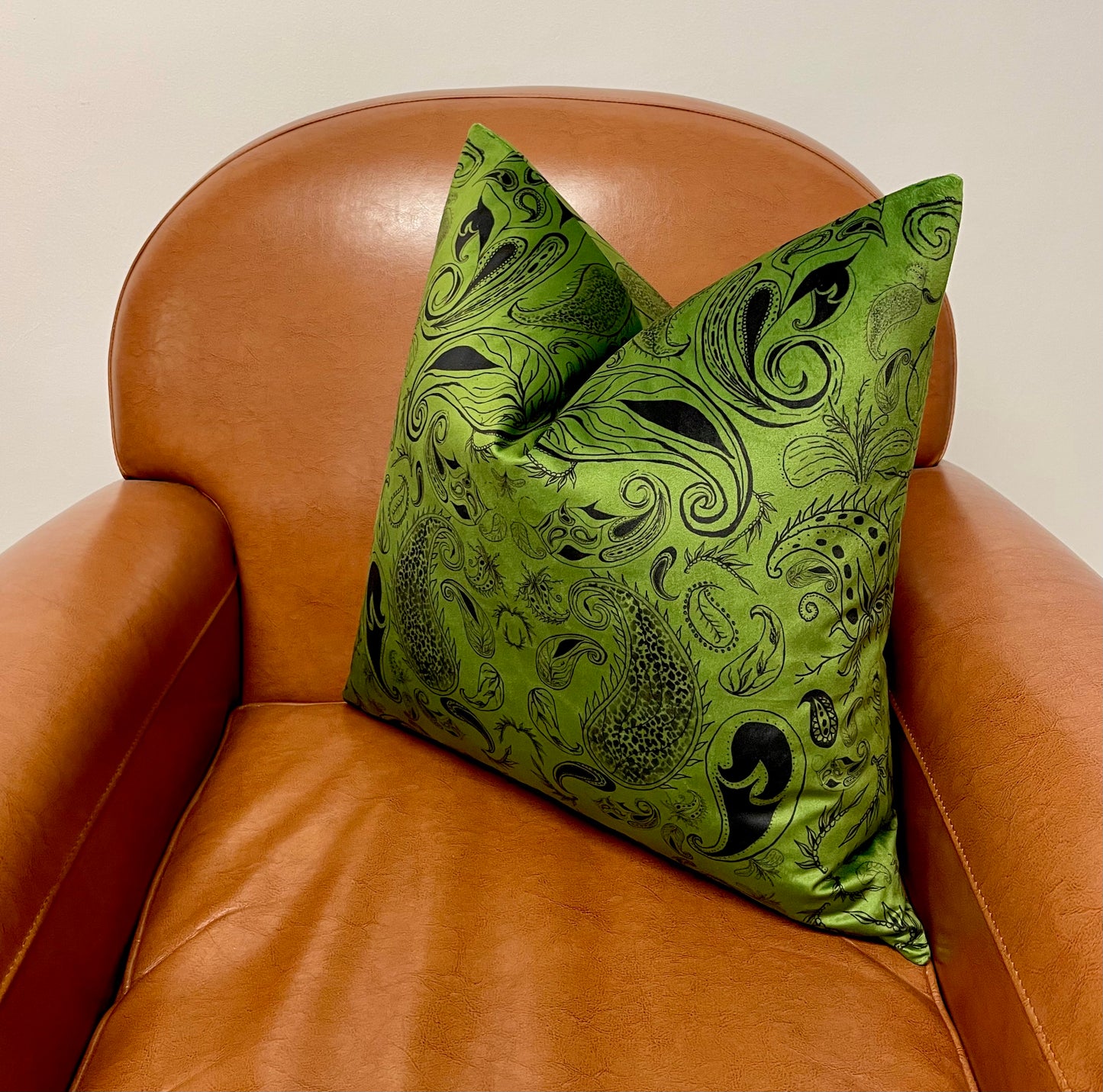 Moss Green Paisley Print Velvet Cushion 20”
