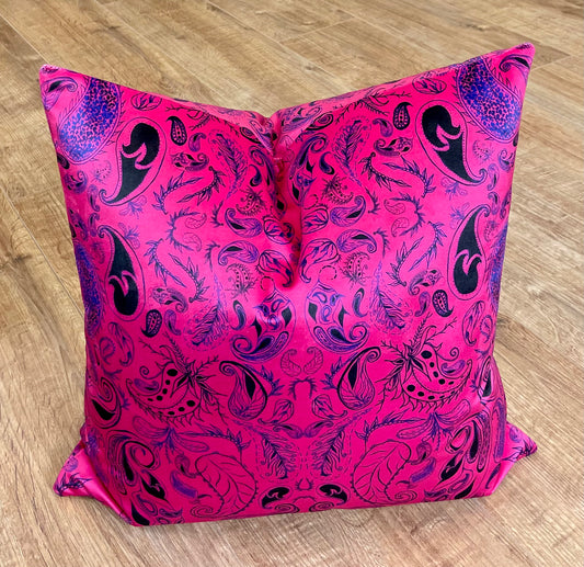 Neon Pink Paisley Print Velvet Cushion 18”