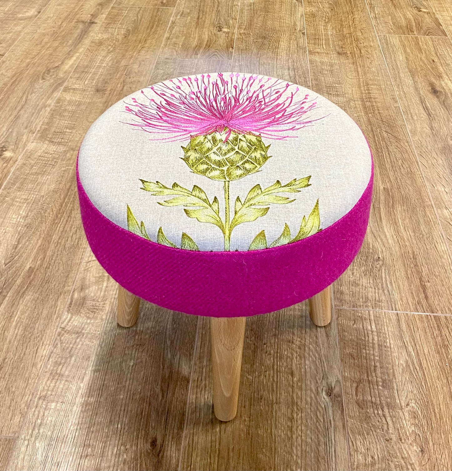 Bright Pink Embroidered Thistle and Harris Tweed Footstool with Varnished Wooden Legs