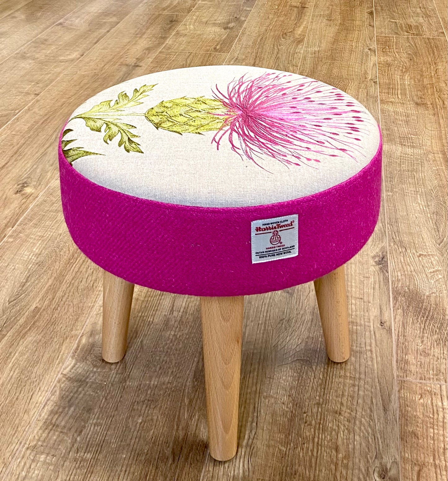 Bright Pink Embroidered Thistle and Harris Tweed Footstool with Varnished Wooden Legs
