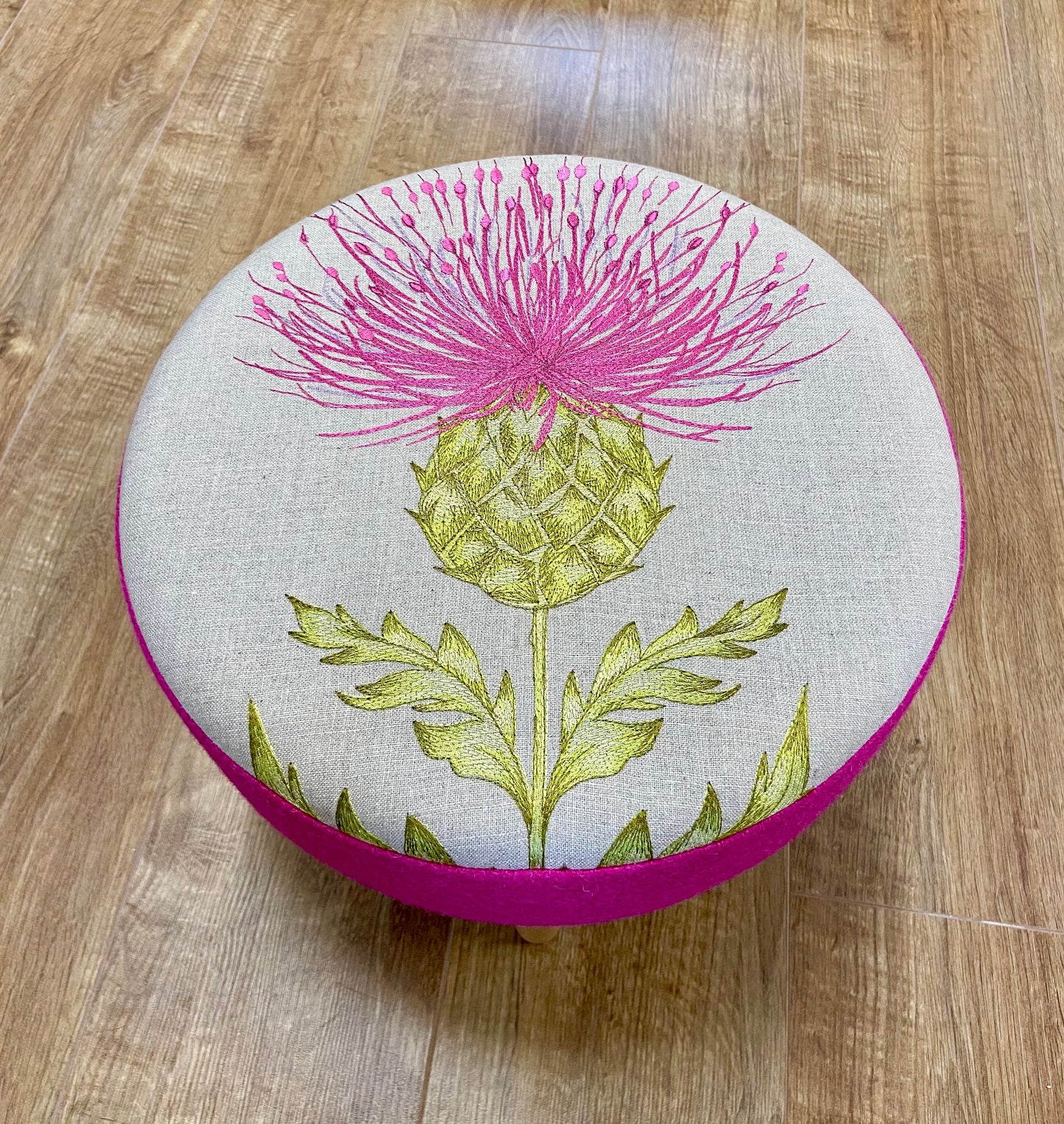 Bright Pink Embroidered Thistle and Harris Tweed Footstool with Varnished Wooden Legs