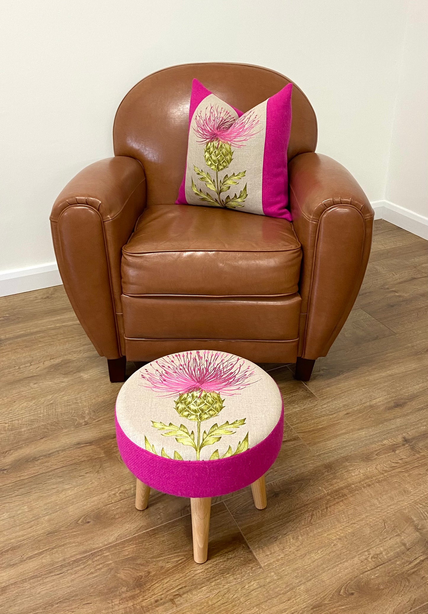 Bright Pink Embroidered Thistle and Harris Tweed Footstool with Varnished Wooden Legs