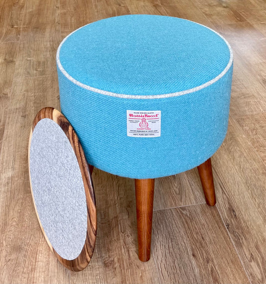 Turquoise Harris Tweed End Table with Grey Piping and Removable Wooden Top
