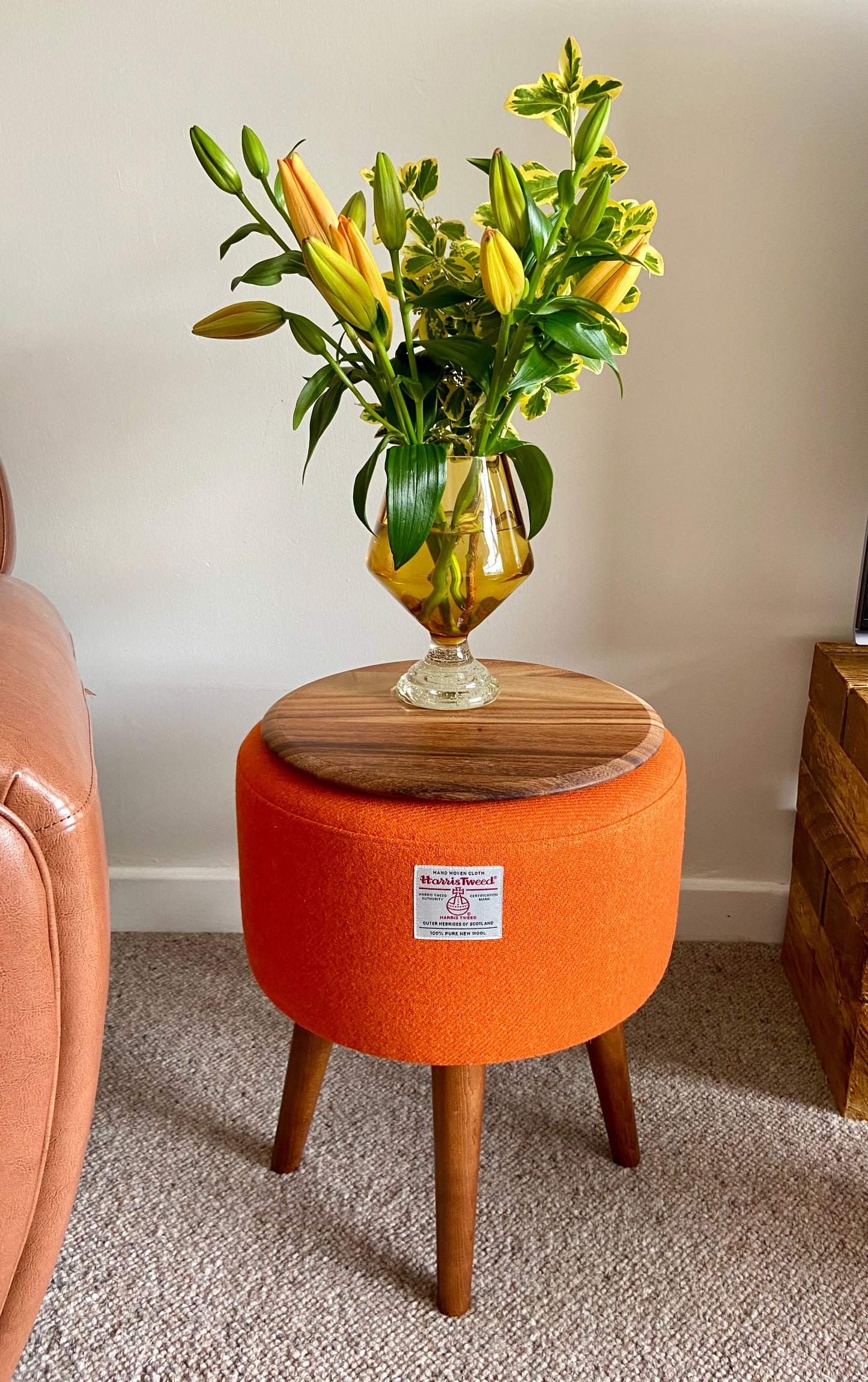 Side Table, Orange Harris Tweed with Removable Wooden Top and Dark Varnished Wooden Legs