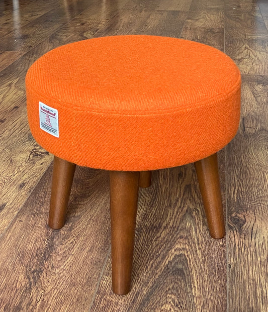 Orange Harris Tweed Footstool with Dark Varnished Wooden Legs
