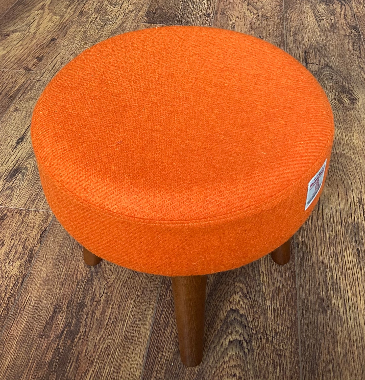 Orange Harris Tweed Footstool with Dark Varnished Wooden Legs