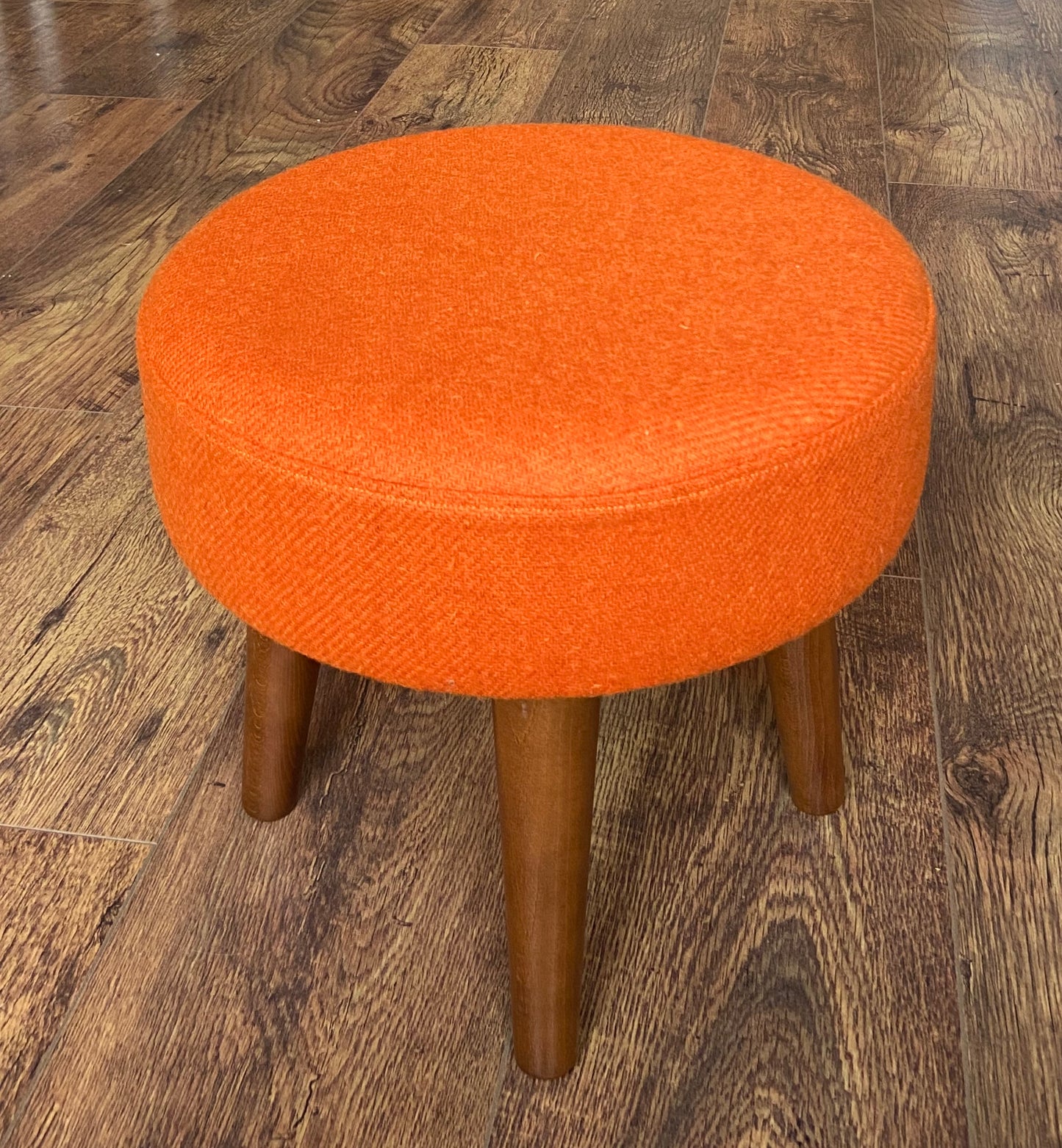 Orange Harris Tweed Footstool with Dark Varnished Wooden Legs