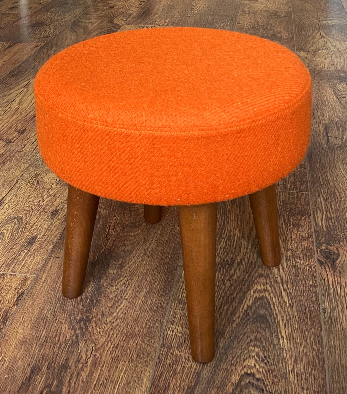Orange Harris Tweed Footstool with Dark Varnished Wooden Legs