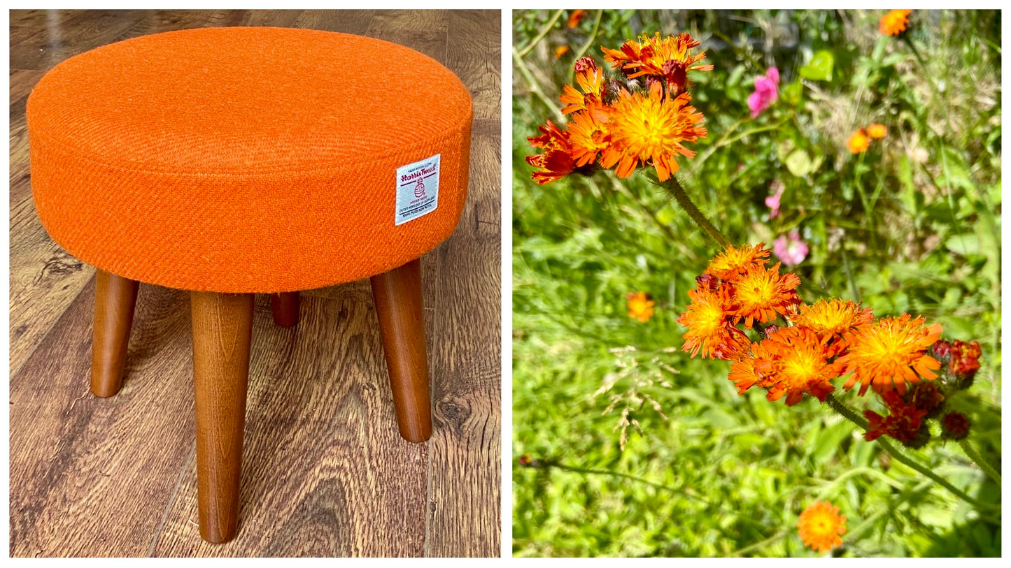 Orange Harris Tweed Footstool with Dark Varnished Wooden Legs