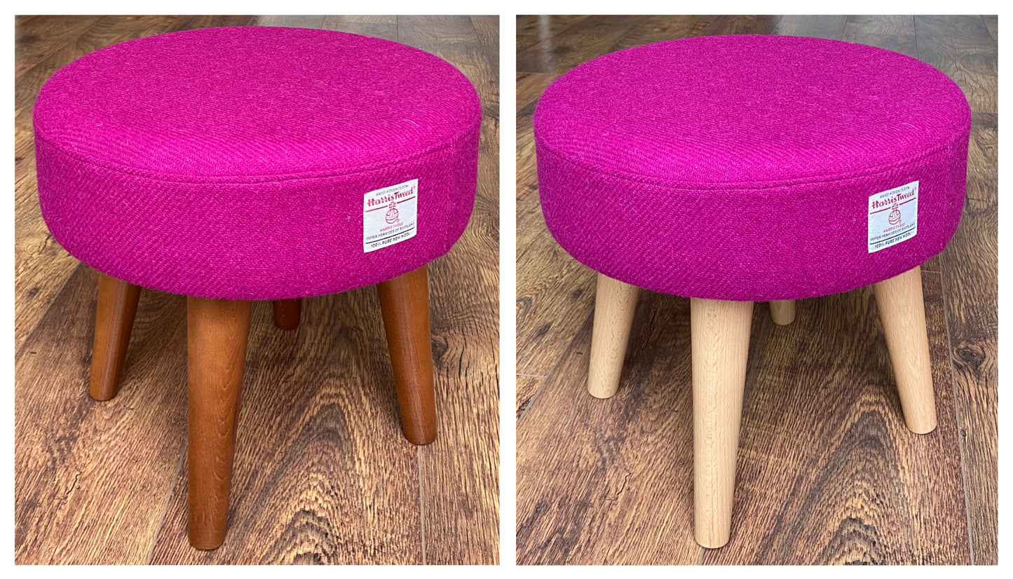 Fuchsia Harris Tweed Footstool with Dark Varnished Wooden Legs