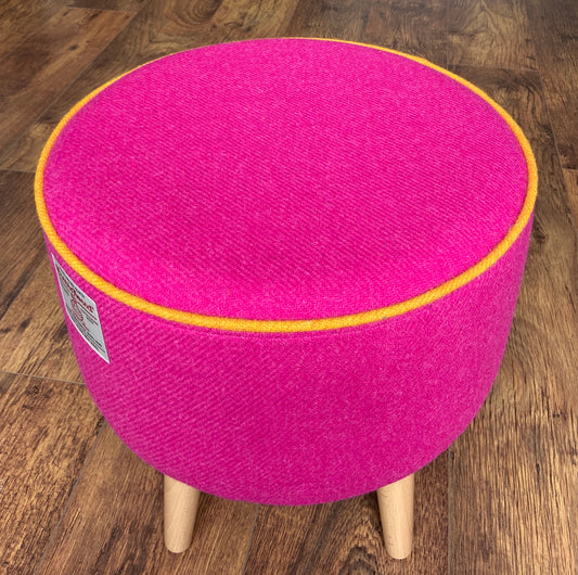 Pink Harris Tweed Footstool with Yellow Piping and Varnished Wooden Legs