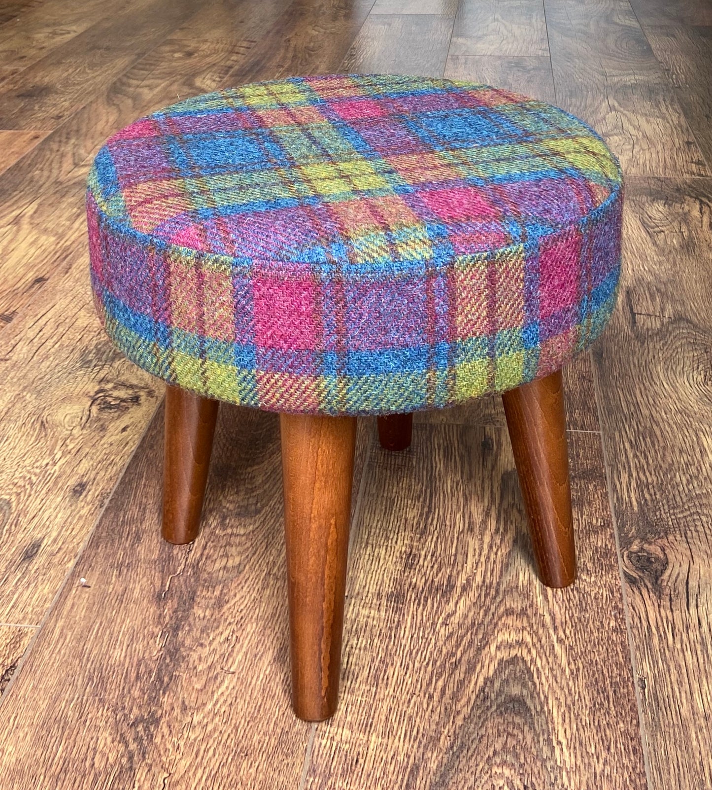 Colourful Tartan Harris Tweed Footstool with Dark Varnished Wooden Legs