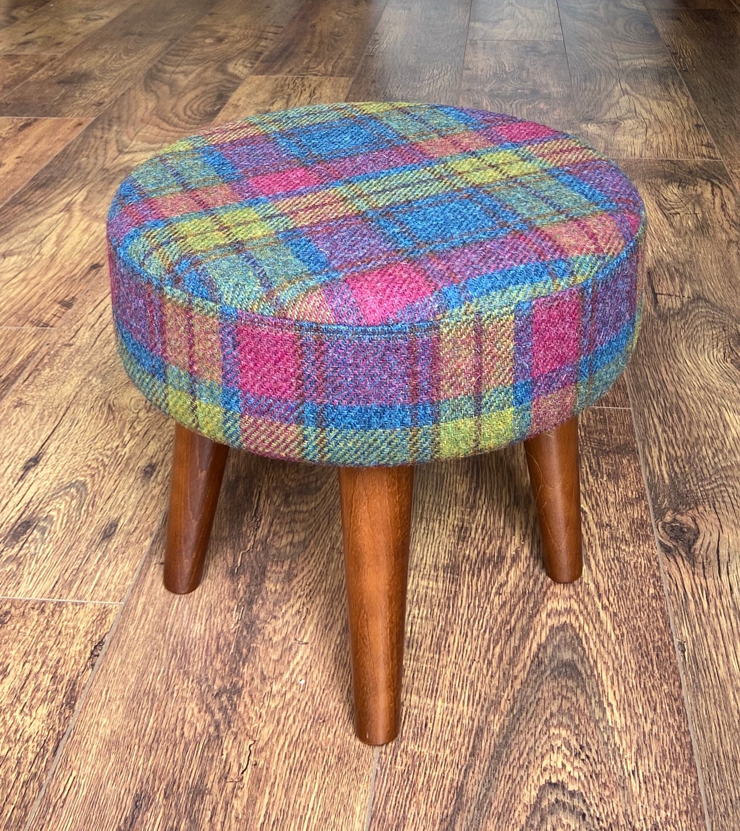 Colourful Tartan Harris Tweed Footstool with Dark Varnished Wooden Legs