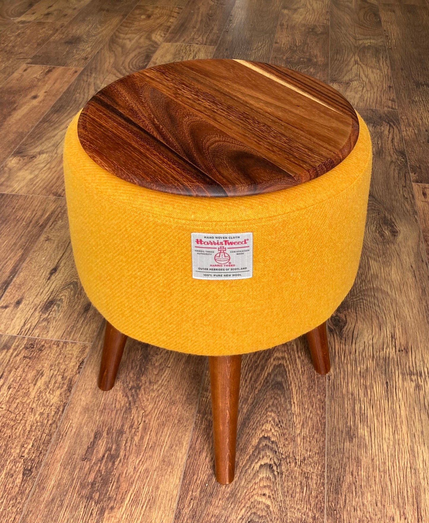 Yellow Side Table, Harris Tweed with Removable Wooden Top and Dark Varnished Wooden Legs
