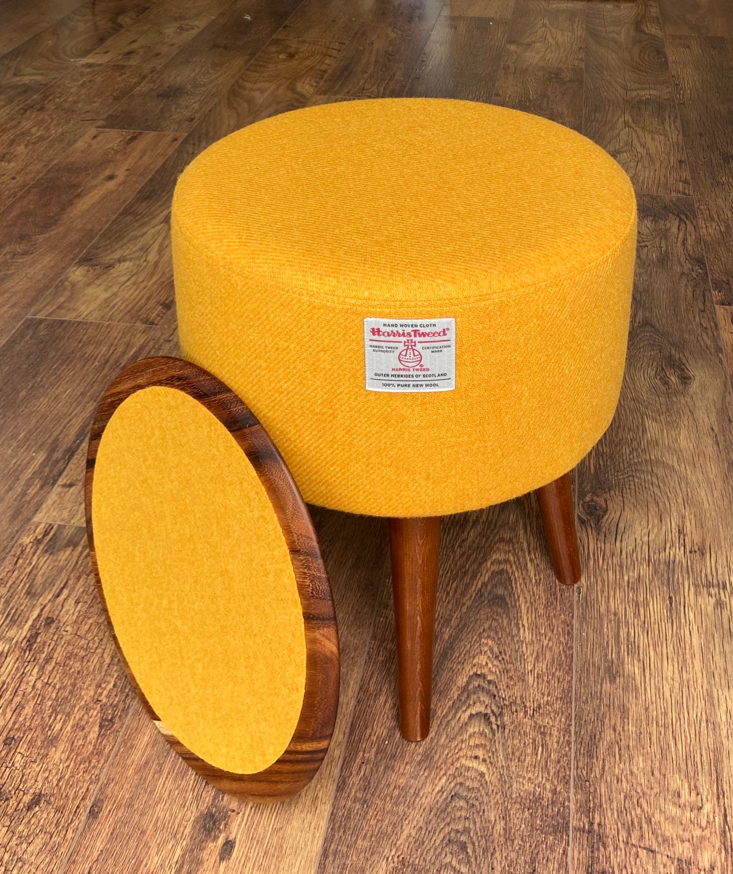 Yellow Side Table, Harris Tweed with Removable Wooden Top and Dark Varnished Wooden Legs