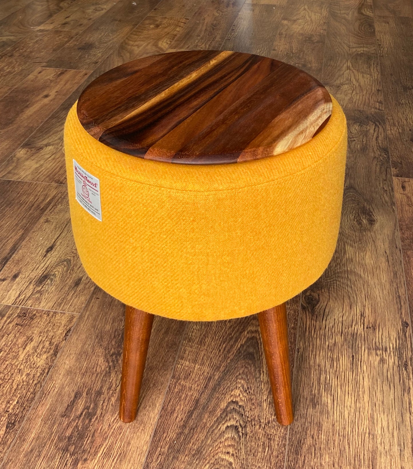 Yellow Side Table, Harris Tweed with Removable Wooden Top and Dark Varnished Wooden Legs