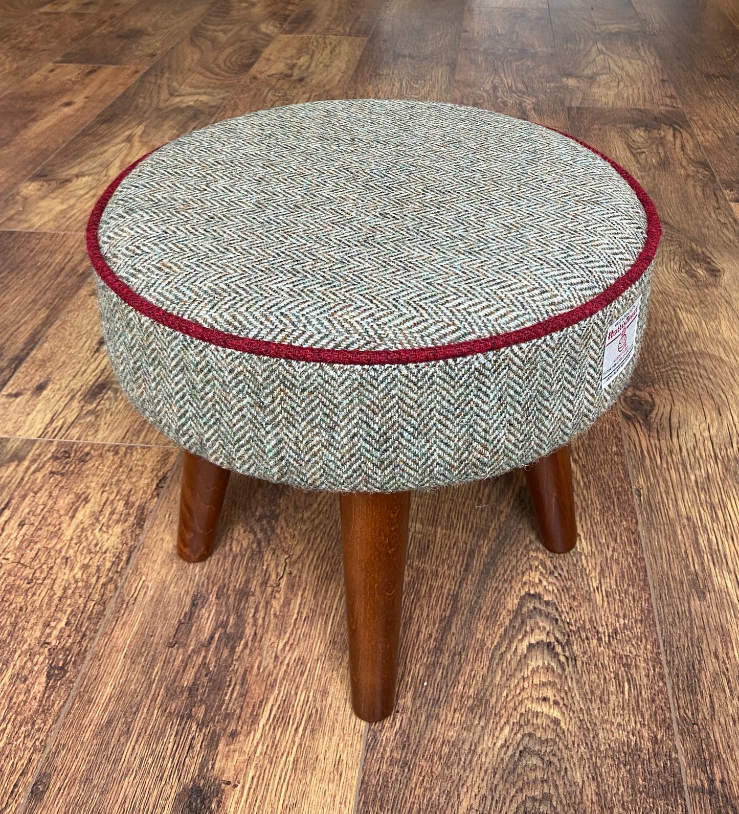 Brown Harris Tweed Footstool with Red Piping and Dark Varnished Wooden Legs