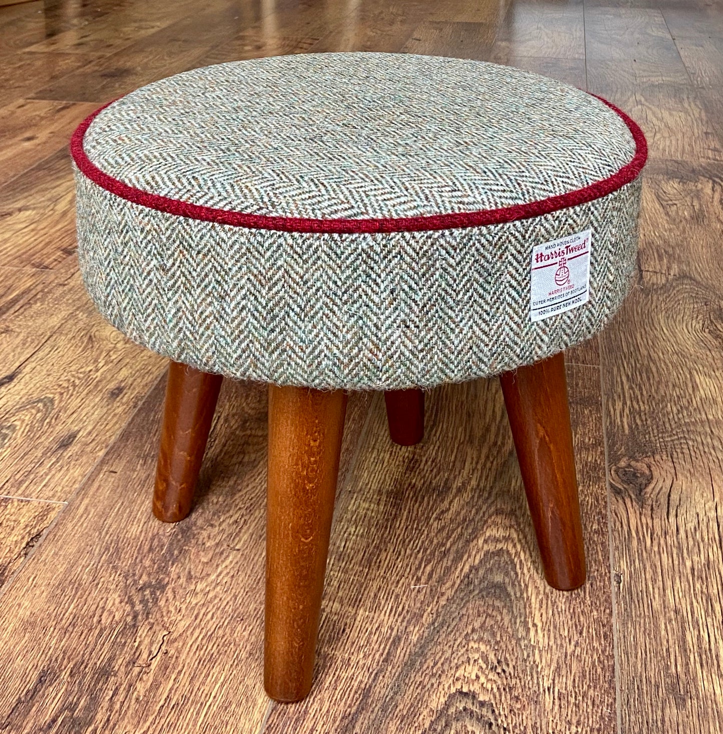 Brown Harris Tweed Footstool with Red Piping and Dark Varnished Wooden Legs