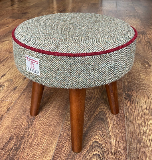 Brown Harris Tweed Footstool with Red Piping and Dark Varnished Wooden Legs
