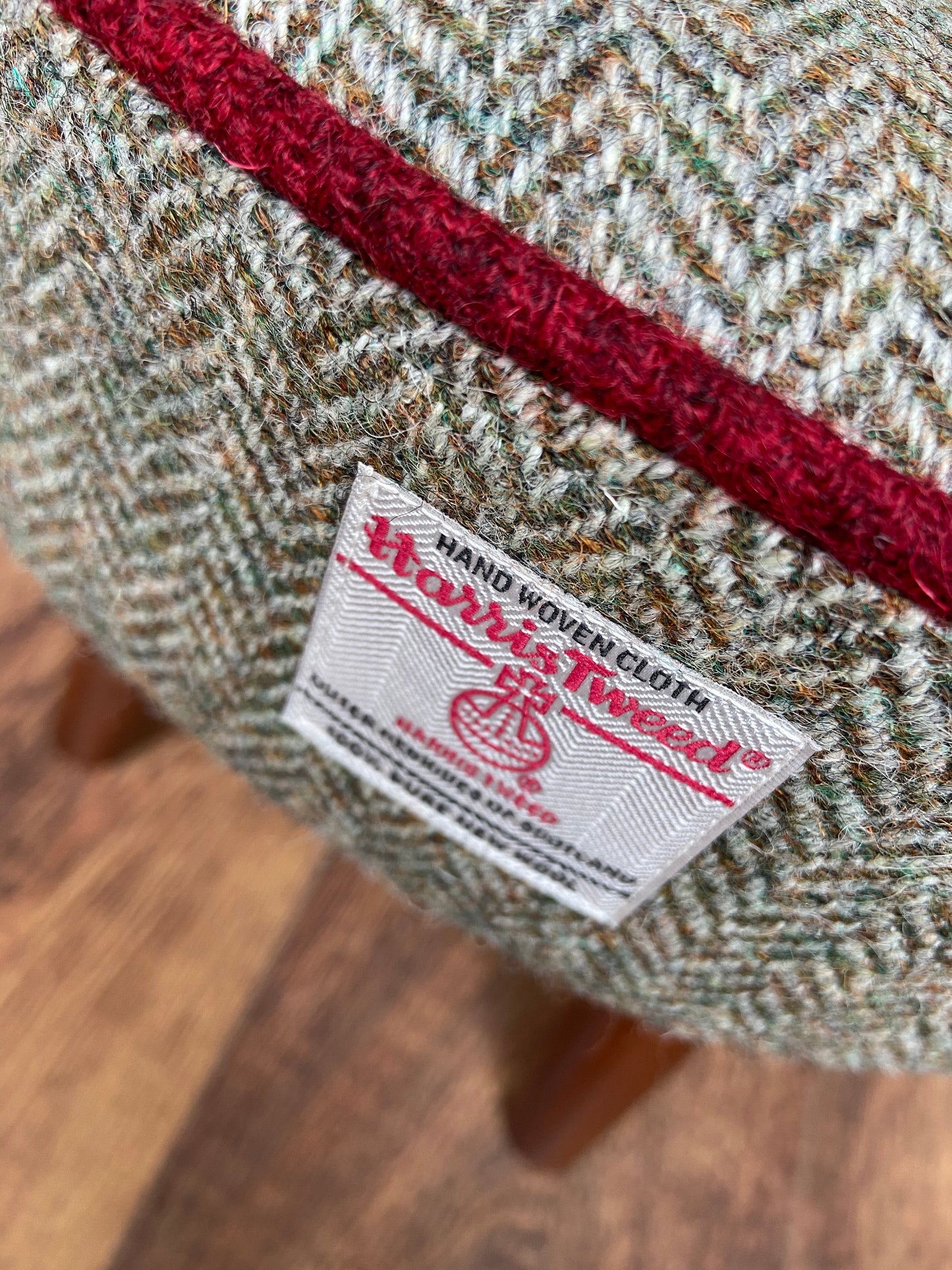 Brown Harris Tweed Footstool with Red Piping and Dark Varnished Wooden Legs