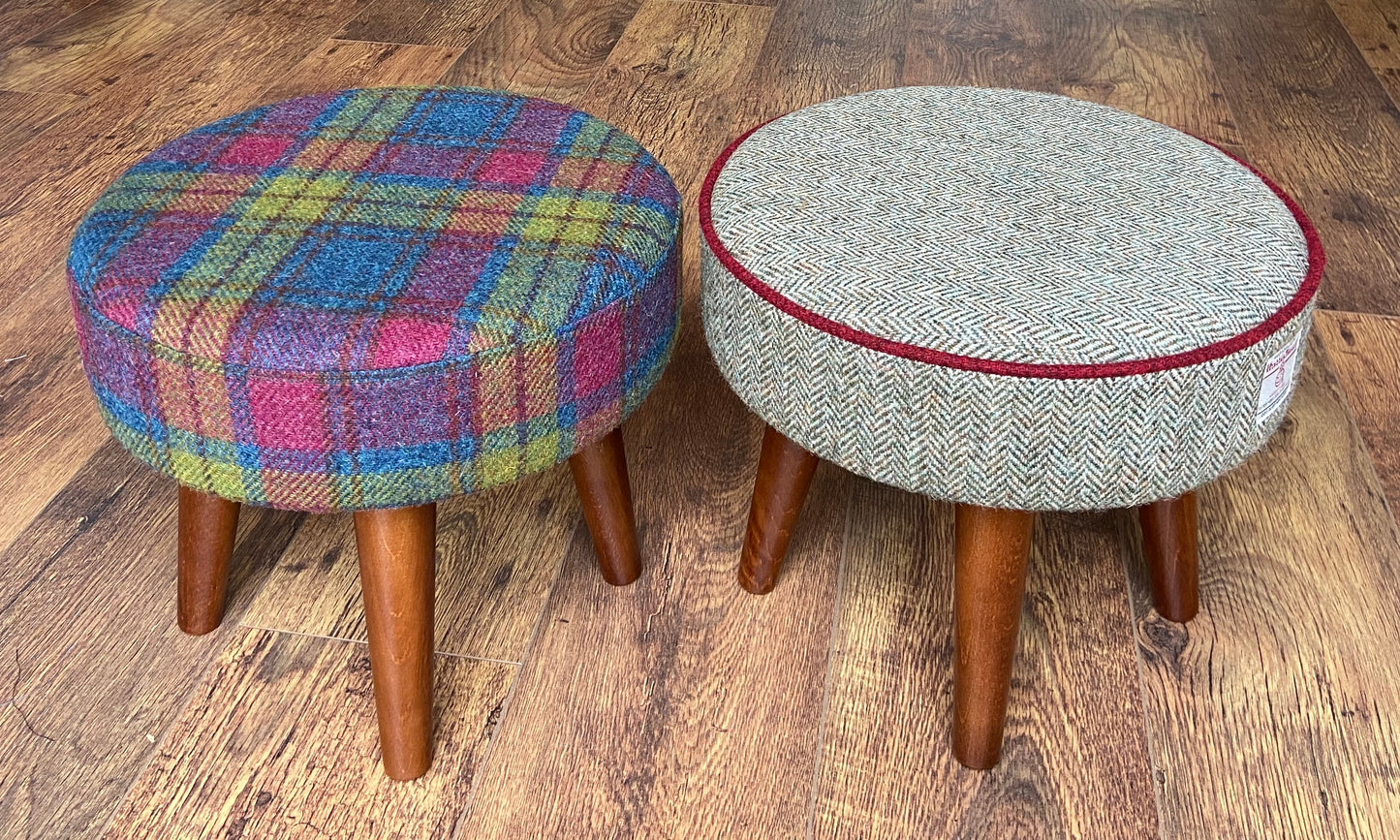 Brown Harris Tweed Footstool with Red Piping and Dark Varnished Wooden Legs