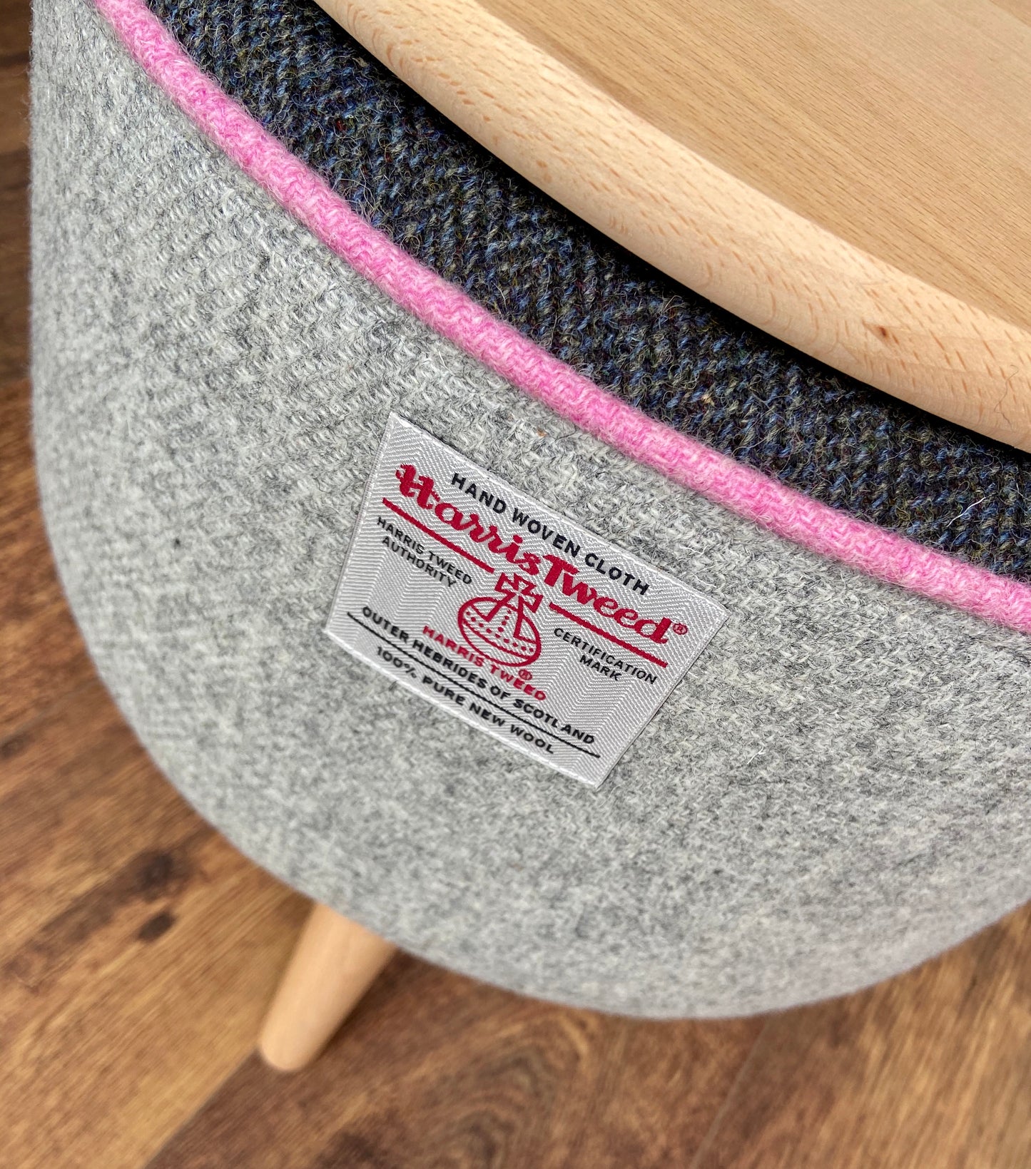 End Table, Grey Harris Tweed with Pink Piping and Removable Wooden Top