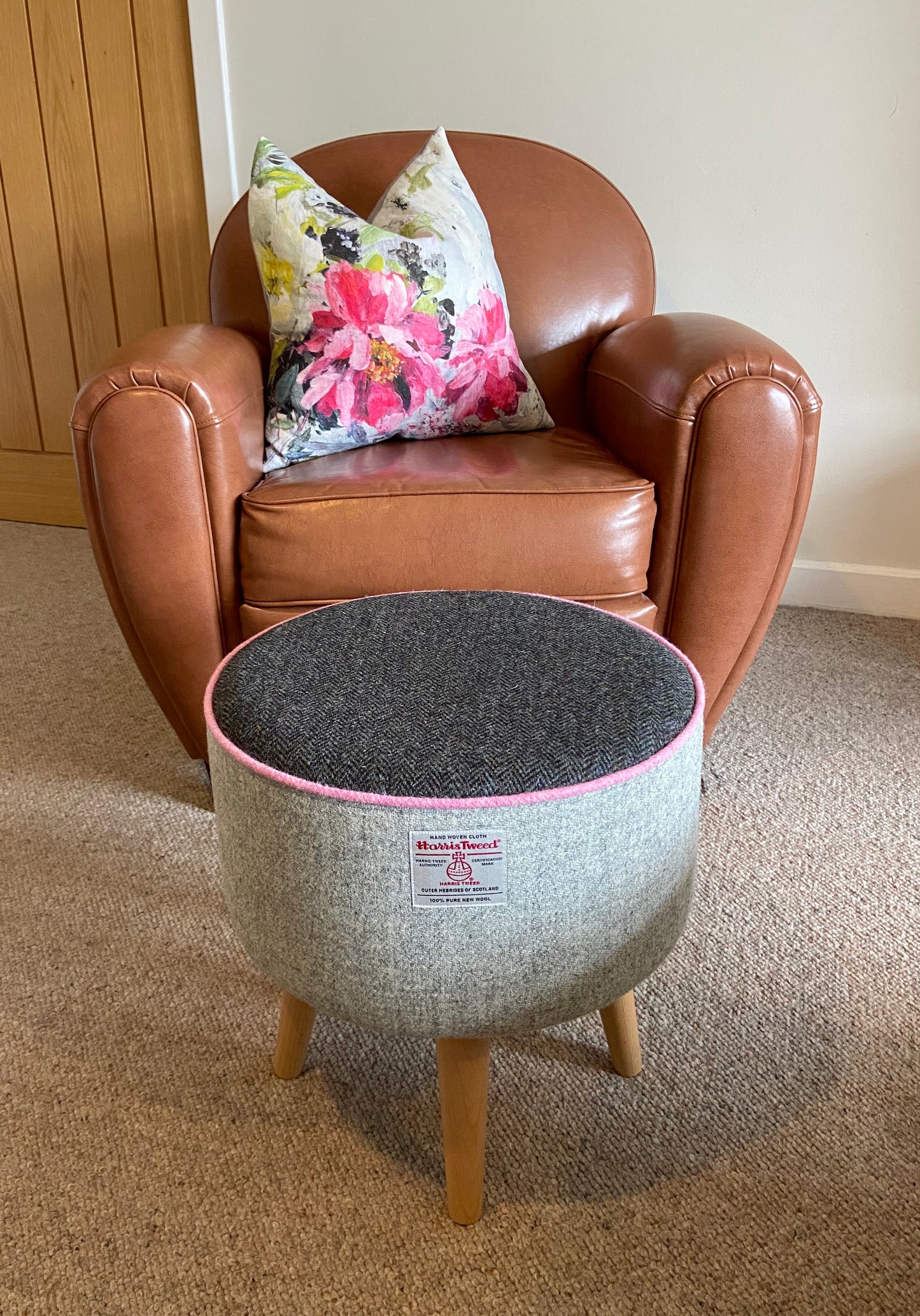 End Table, Grey Harris Tweed with Pink Piping and Removable Wooden Top
