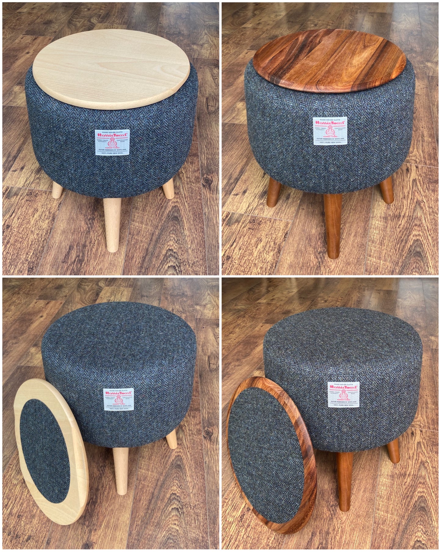 Side Table, Charcoal Harris Tweed with Removable Wooden Top and Dark Varnished Wooden Legs