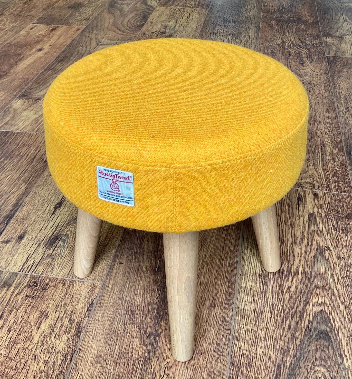 Yellow Harris Tweed Footstool with Varnished Wooden Legs
