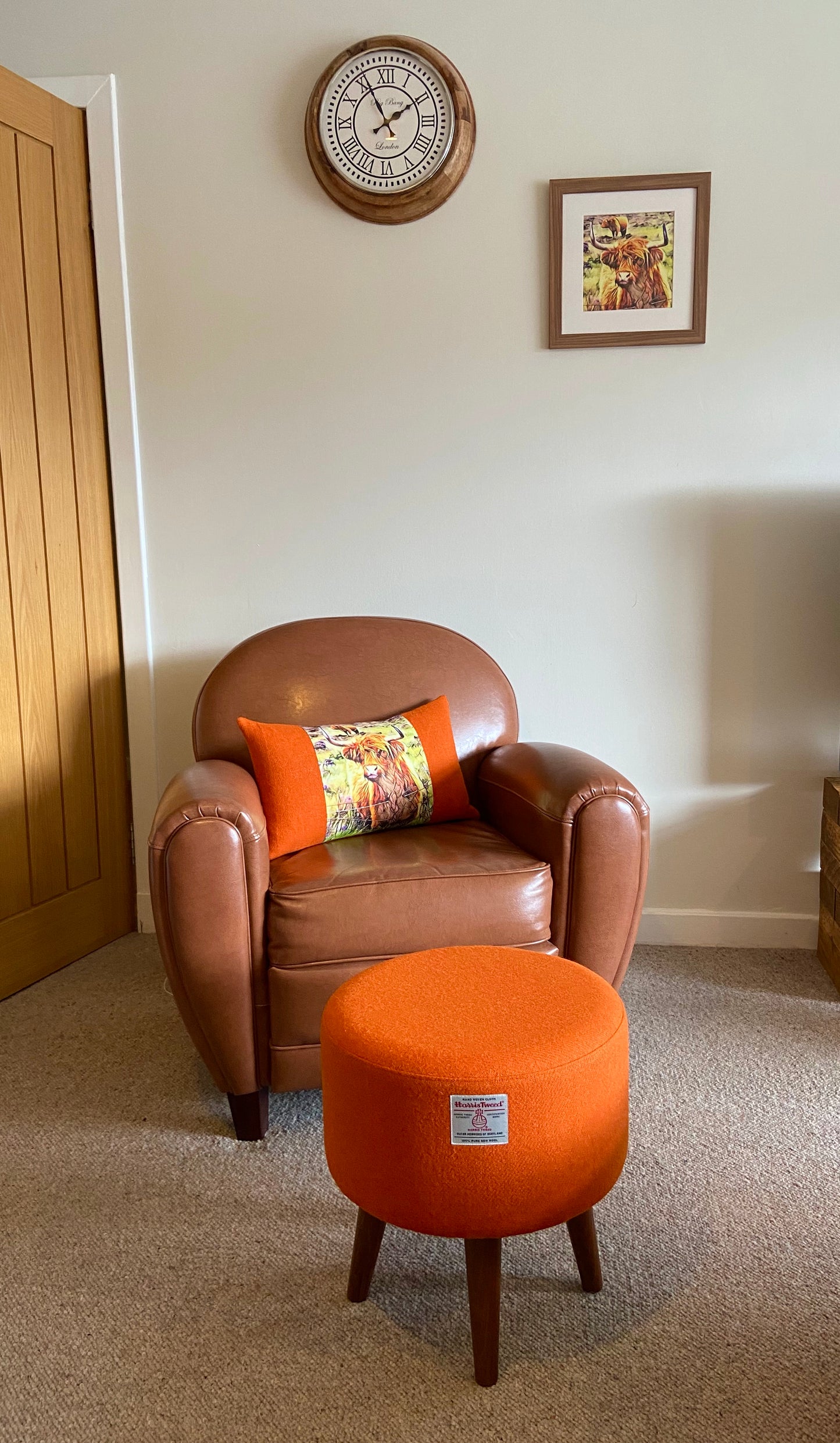 Handmade Highland Cow and Orange Harris Tweed Cushion